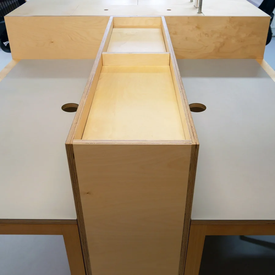 Junction of two wooden ply desks
