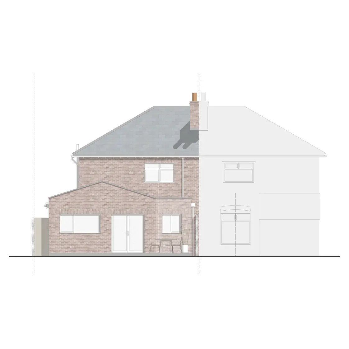 Computer assisted drawing of rear elevation of domestic dwelling