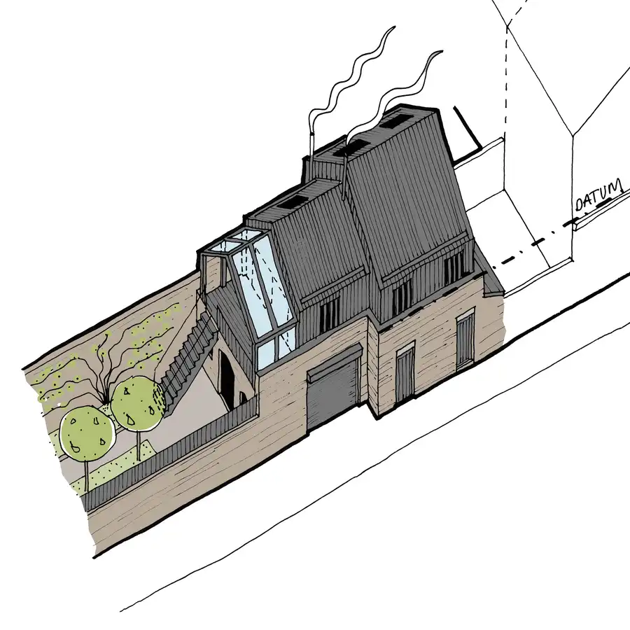 Architects render of a residential house development with street in view
