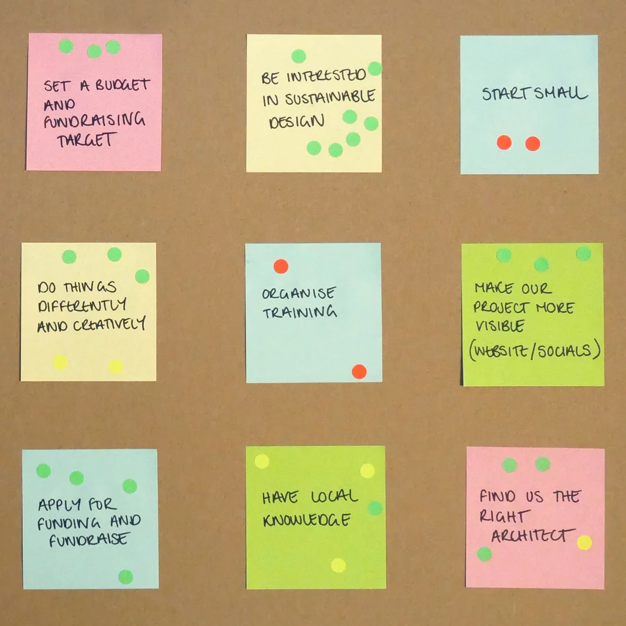 Post it notes with ideas on cork board