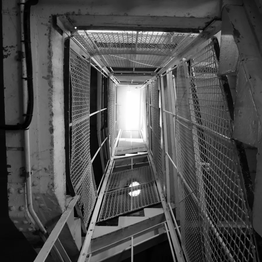 Industrial staircase shot in black and white
