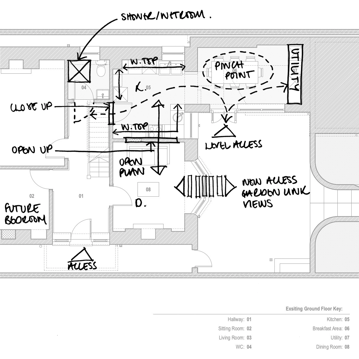 Hand drawn colour image of architects plan